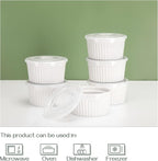 DOWAN Ramekins with Lids 6 oz Oven Safe, Creme brulee Souffle Dishes Ramekin with Covers, Porcelain Bowls for Baking Custard Cups, Set of 6, White