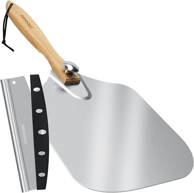 Pizza Peel Aluminum Pizza Spatula,9 inch Metal Pizza Paddle(13"x 9") with Rocker Cutter Foldable Wood Handle, [Storage bag included], for Family Pizza Oven Baking Pizza, Dough, Bread & Pastry