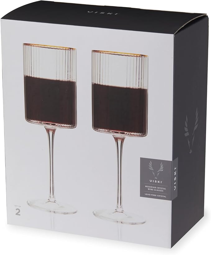 Viski Meridian Wine Glasses with Gold Rim, Crystal Drinking Glasses for Red and White Wines, Elegant Stemmed Glassware for Wedding Gifts, Birthday, Holiday, Dinner Party, Wine Lovers, 16 oz, Set of 2