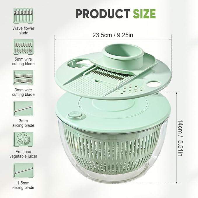 Salad Spinner with Slicer, Multifunctional Vegetable Spinner and Chopper, Large Capacity Salad Preparation Tool, Multi-blade Efficient Vegetable Washer for Home Kitchen (Green)