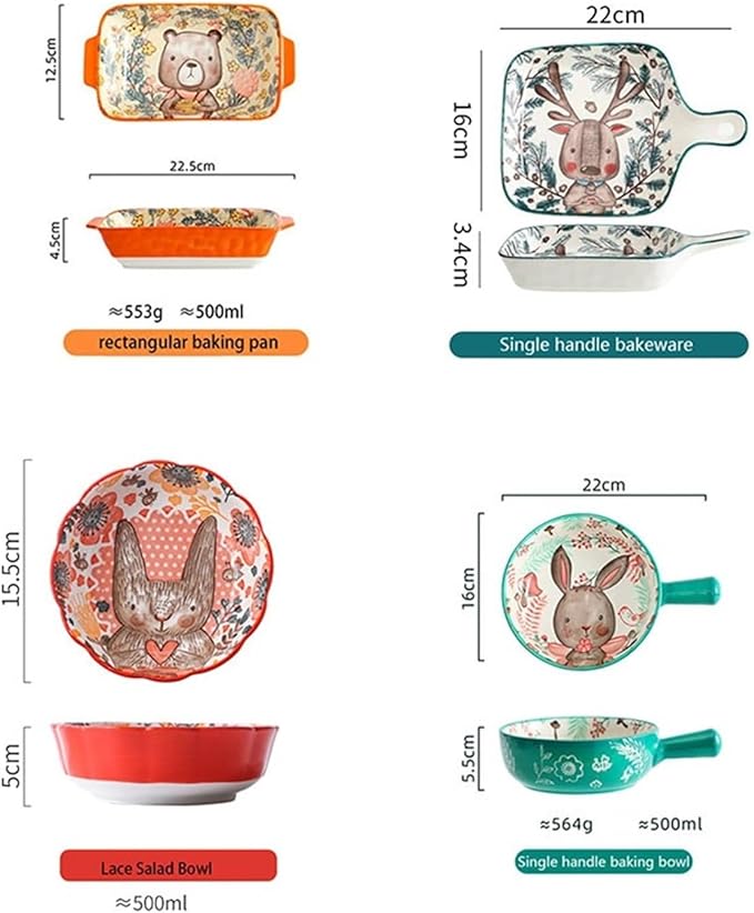Ceramic Baking Pan, Forest Animals Pattern Tableware With Handle Salad Bowl Au Gratin Dish(Bear round)