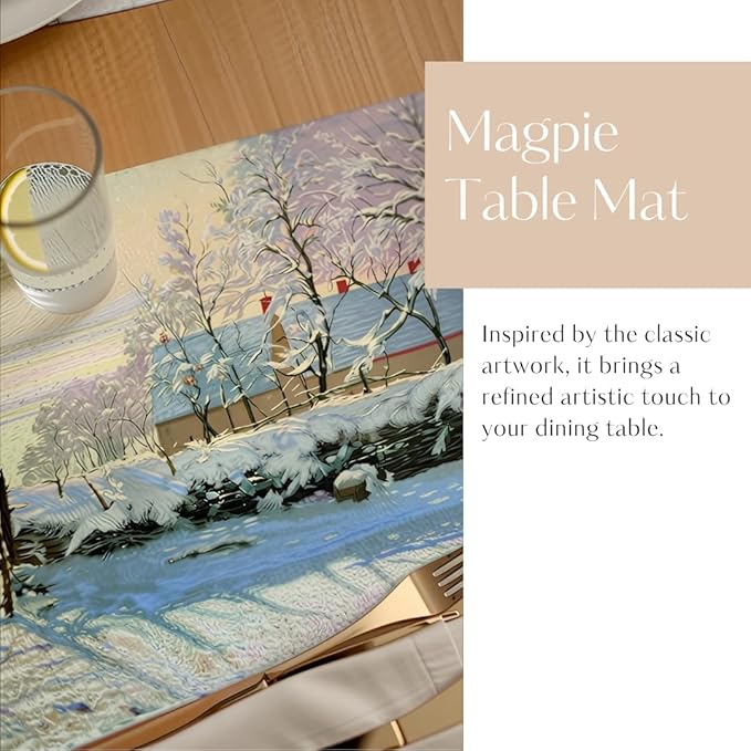 Art-Inspired Washable PVC Placemats Set of 6, Heat-Resistant Non-Slip Table Mats for Kitchen Dining Table Decor (The Magpie)