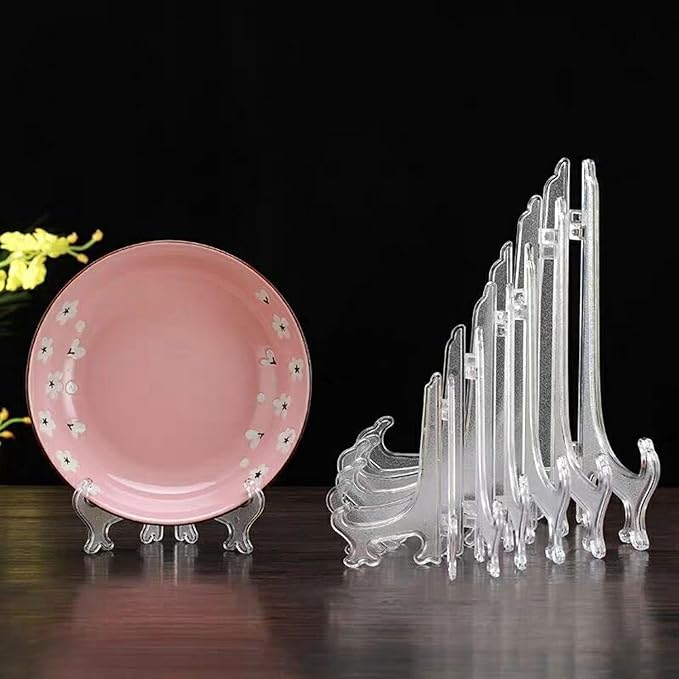 12 Pack 7 Inch Clear Plastic Easels or Stand/Plate Holders to Display Pictures or Other Items at Weddings, Plate Stands for Home Decoration, Birthdays, Tables