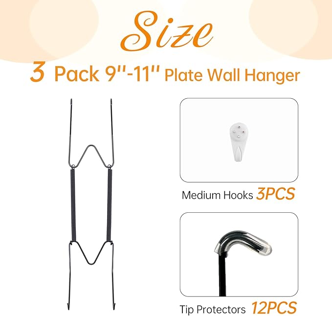 3 Pack Plate Hangers for The Wall, Suitable for 9-11 inch Art Plate, Stainless Steel Invisible Heavy Duty Wire Plate Holder with Wall Hooks, Plate Hangers for Displaying Plates, Platter, Dish, Black