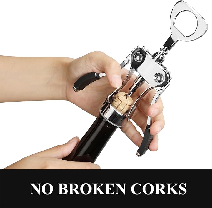 KORCCI Wine Opener, Heavy-Duty Zinc Alloy Wing Corkscrew, Premium Beer Bottle Opener, Multifunctional Wine Accessories with Ergonomic Handle and Sharp Screw, for Kitchen, Bar, Restaurant (BOX)
