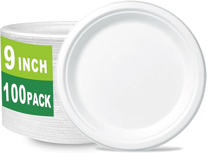 9 inch Compostable Plates, 100 Count Heavyduty Sugarcane/Bagasse and Bamboo Fibre Biodegradable Disposable Paper Plate