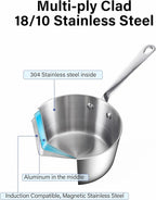 D&M Butter Warmer 0.14 Quart, Multi-Ply Clad Stainless Steel Milk Frother and Chocolate Melting Pot, Small Saucepan for Induction Stovetop, Coffee, Butter, Syrup