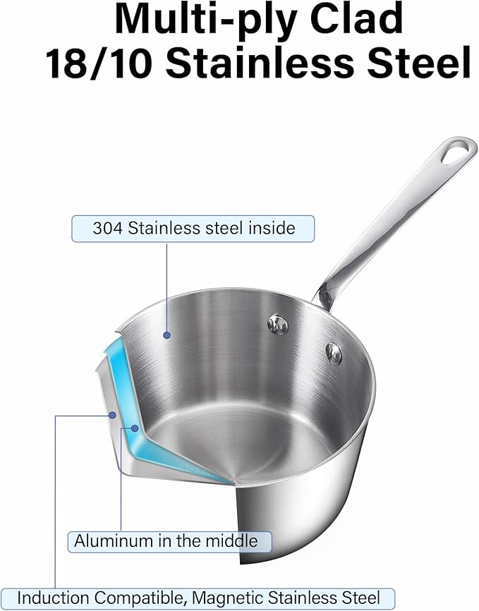 D&M Butter Warmer 0.57 Quart, Multi-Ply Clad Stainless Steel Milk Frother and Chocolate Melting Pot, Small Saucepan for Induction Stovetop, Coffee, Butter, Syrup