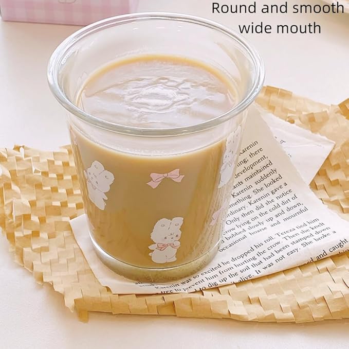 Set of 2 12 OZ French Drinking Glasses Floral Glass Coffee Cup Cute Tulip Rabbit Glass Cups for Iced Tea,Juice,Coffee,Latte,Milk,Dessert,Stackable Glassware Drinkware Set