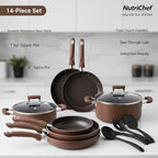 NutriChef 14-Piece Nonstick Brown Cookware Set - Scratch-Resistant Kitchen Pots and Pans with Lids & Utensils, For All Cooktops - NCCW14SBR