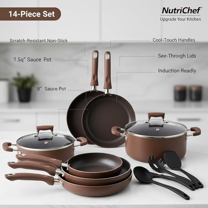 NutriChef 14-Piece Nonstick Brown Cookware Set - Scratch-Resistant Kitchen Pots and Pans with Lids & Utensils, For All Cooktops - NCCW14SBR