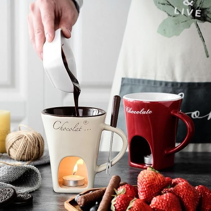 Chocolate Melting Mug With Candle, Ceramic Fondue Mug Meltie Cup, Melting Love Cup, Ideal Gifts For Christmas, Birthday, Wedding (White+Brown)