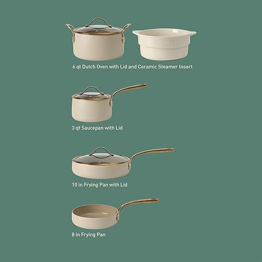 bloomhouse - Two Time Oprah's Favorite Things Winner - 8 Piece Pots and Pans Heavy Duty Aluminum Premium PFA Free Ceramic Nonstick Cookware Set - Almond Cream w/Gold Handle
