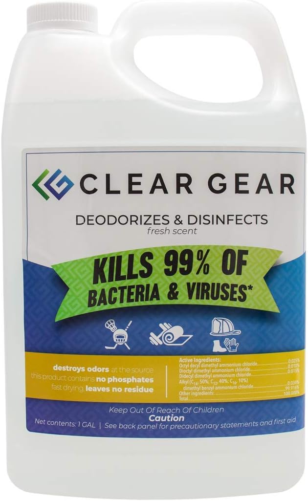 Clear Gear - Disinfectant, Cleaner, and Deodorizer for Sports Equipment, Gyms, and Fitness Centers - EPA-Registered, Hospital Grade, Made in USA - 1 Gallon Bottle
