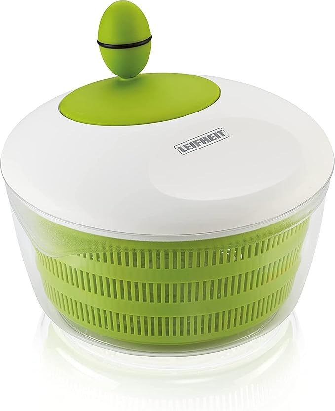 Leifheit Trend Green and White Salad Spinner, 4L Crank-Handle Salad Dryer with Non-Slip Base, Ergonomic Recessed Grip, Dual-Use Bowl for Serving or Draining, Dishwasher Safe Kitchen Tool