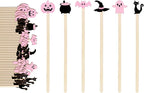 JarThenaAMCS 120Pcs Halloween Coffee Stirrers Disposable Pink Black Ghost Bat Cat Pumpkin Stir Sticks Wooden Drink Stirrer for Hot Chocolate Milkshake Restaurant Home Office