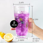 Etolies Highball Drinking Glasses Set of 9, Water Glasses 16 oz,Iced Tea Glasses for Water, Juice, Cocktails,Milkshake,Coke,Soda,Beverages. Heavy Base Tumbler,Kitchen and Bar Glassware