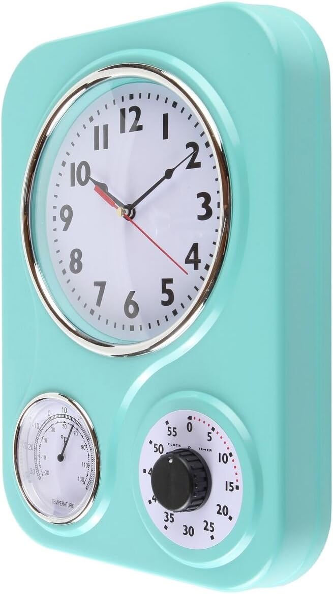 Lily's Home - 9.5 Inch x 12.5 Inch - Retro Kitchen Wall Clock, Vintage Wall Clock with a Thermometer and 60-Minute Timer, Ideal for Any Kitchen, Office, or Diner (Turquoise)