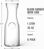 Set of 6 Glass Carafe with Lid, 1 Liter Beverage Serveware Carafe, Clear Glass Pitcher for Mimosa Bar, Brunch, Cold Water, Juice, Milk, Iced Tea, Lemonade