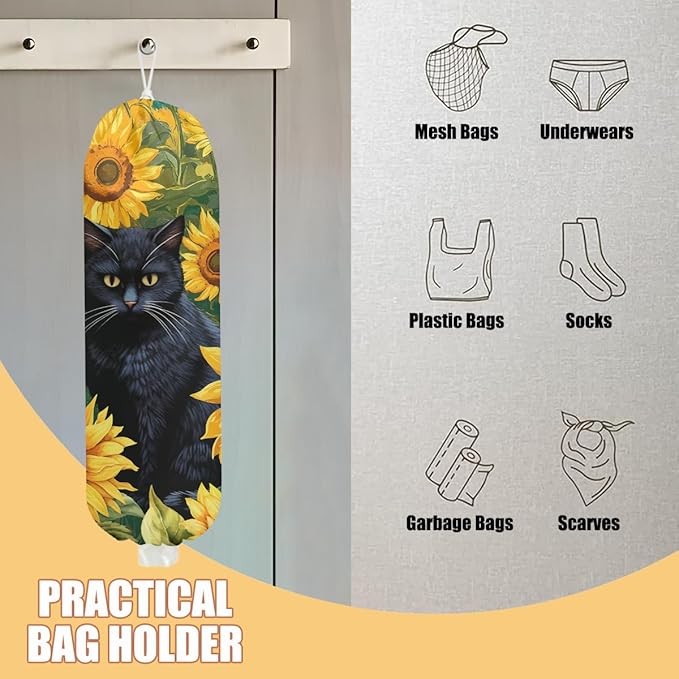 Sunflower Cat Plastic Bag Holder, Wall Mount Grocery Bag Holder, Plastic Storage bag, Pull Rope Free Adjustment, Plastic Bag Holders for Grocery Bags, Plastic Bag Dispenser for Home Kitchen
