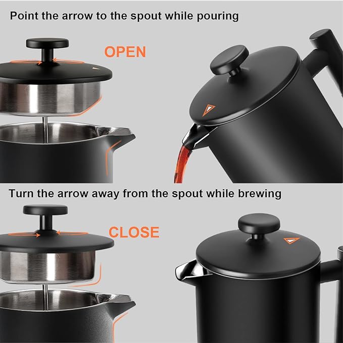 Secura French Press Coffee Maker, 304 Grade Stainless Steel Insulated Coffee Press with 2 Extra Screens, 34oz (1 Litre), Black