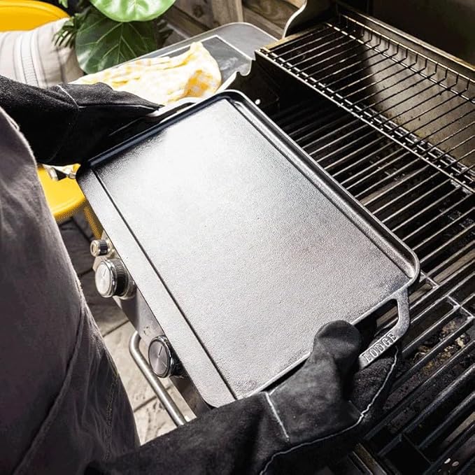 Lodge Pro-Grid Reversible Grill/Griddle - Dual-Sided Cast Iron Griddle - Double Burner Grill - Even Heat Distribution - PFAS-Free Non-Toxic Cookware - 20 Inches x 10.5 Inches