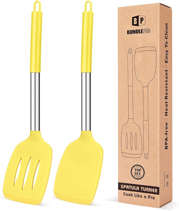 Pack of 2 Silicone Solid Turner, Non Stick Slotted Kitchen Spatulas, High Heat Resistant BPA Free Cooking Utensils, Ideal Cookware for Fish, Eggs, Pancakes(Yellow)