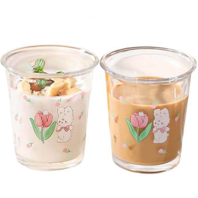 Ivymei Set of 2 12 OZ Floral Drinking Glasses Crystal Glass Flower Coffee Cups Cute Rabbit Glass Cups for Juice, Iced Tea, Coffee, Latte, Milk, Dessert, Stackable Glassware Drinkware Set (Purple)