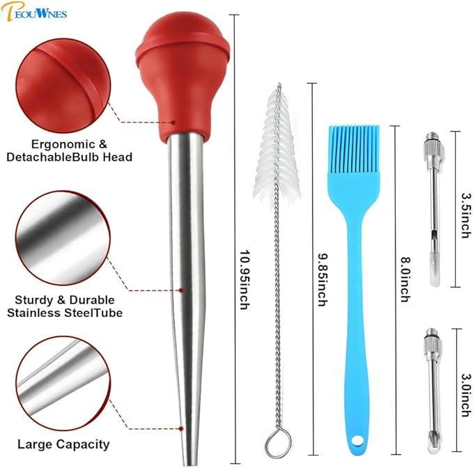 Stainless Steel Turkey Baster with Cleaning Brush & Needle, Red Meat Injector Set for Home Baking Kitchen Tool Cooking, Flavor Meat Poultry, Beef, Chicken