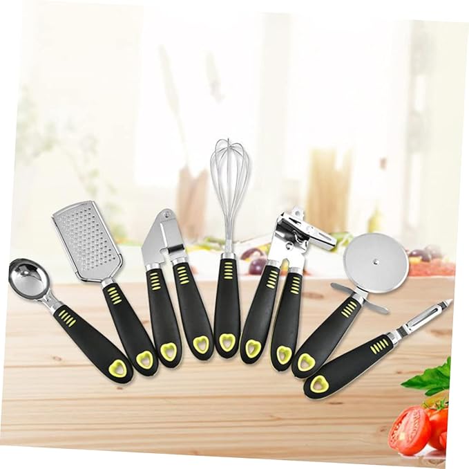 PRETYZOOM 7pcs Stainless Steel Kitchen Gadgets Set Utensils Griddle Spatula Tongs Cheese Grater Pizza Wheel Can Opener for Cooking