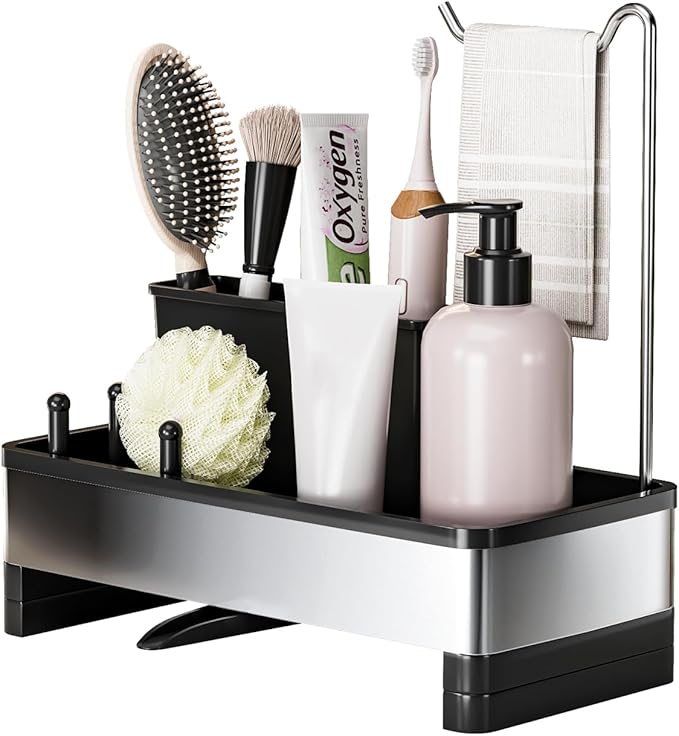 Ewaiira Stainless Steel Sink Caddy, Sponge Holder for Kitchen Sink with Brush Holder & Dishcloth Rack, Rustproof Sink Organizer Countertop, Kitchen Organizers Storage Essentials (D-Black 9.8″)