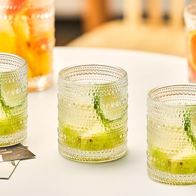 Hobnail Drinking Glasses Set of 6, 10 oz, Cocktail Glasses Vintage Glasses Drinking Set Glass Cups Mixed Drinkware Set Vintage Glassware Set for Juice, Cocktail, Whisky, Soda, Beverages. Clear