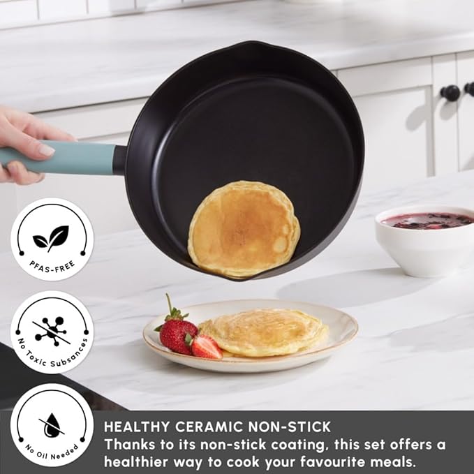 KARACA Fancy Ceramic Cookware Sets Black, Kitchen Pots & Pans Set Non Stick with Lid, Swiss Crystal Surface, Induction Cooking Utensils, 7-Piece, Dishwasher Safe