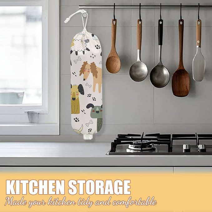 Dog Plastic Bag Holder, Wall Mount Grocery Bag Holder, Plastic Storage bag, Pull Rope Free Adjustment, Plastic Bag Holders for Grocery Bags, Plastic Bag Dispenser for Pantry Kitchen, Dog Lover Gifts