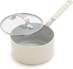 GreenPan x Bobby Flay 1.67QT Nonstick Saucepan with Glass Lid, PFAS-Free Diamond Ceramic, Induction Suitable, Stay-Cool Silicone Handle, Easy Clean Dishwasher & Oven Safe, Chef Pan, Cream