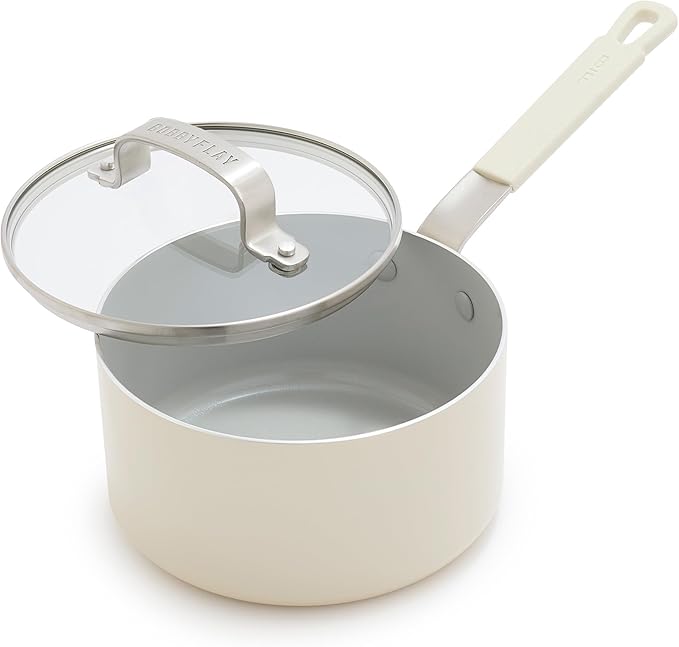 GreenPan x Bobby Flay 1.67QT Nonstick Saucepan with Glass Lid, PFAS-Free Diamond Ceramic, Induction Suitable, Stay-Cool Silicone Handle, Easy Clean Dishwasher & Oven Safe, Chef Pan, Cream
