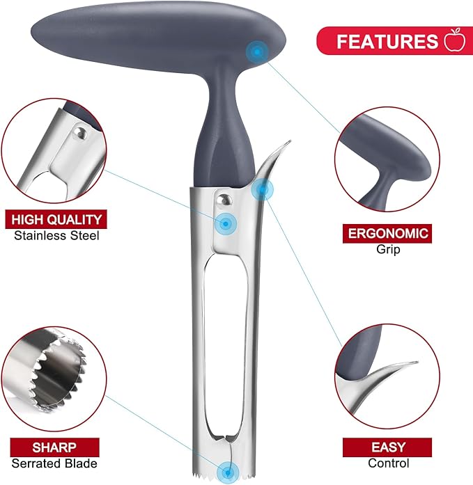 SCHVUBENR Premium Apple Corer Tool - Easy to Use and Clean - Sturdy Apple Remover with Sharp Serrated Tips - Stainless Steel Corers for Apple and Pear - Core Fruits with Ease(Silver)
