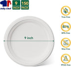 JOLLY CHEF 100% Compostable Paper Plates, 150 Pack 9 Inch Heavy Duty Plates, Disposable Biodegradable Eco-Friendly Sugarcane, Bulk White