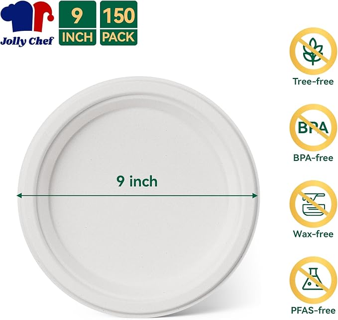 JOLLY CHEF 100% Compostable Paper Plates, 150 Pack 9 Inch Heavy Duty Plates, Disposable Biodegradable Eco-Friendly Sugarcane, Bulk White