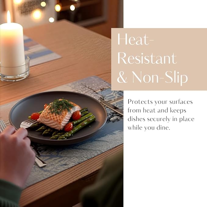 Art-Inspired Washable PVC Placemats Set of 6, Heat-Resistant Non-Slip Table Mats for Kitchen Dining Table Decor (The Magpie)