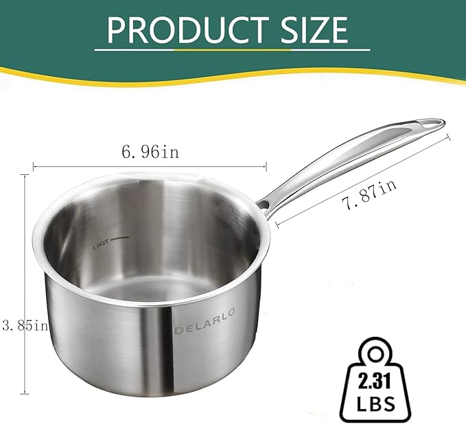 DELARLO Stainless Steel Small Brushed Saucepan With Lid, Induction Cooking Sauce Pot Pan, Full-body Clad Tri-Ply Heavy Duty Saucier Cookware, Dishwasher Safe & Oven Safe(2 Quart)