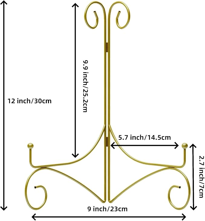 SVENJBB Gold Iron Plate Stand, 12 Inch Plate Holder for Display, Small Metal Plate Display Stands for Cookbook, Picture Frame, Photo, Decorative Plates (12 Inch, 2 Pack)