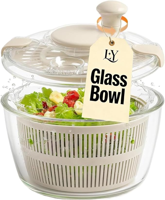 Large 5.2 Qt Glass Salad Spinner Vegetable Dryer with Drain Microwave Safe Dishwasher Safe with Transparent Lid Crank Handle Quick Spin Greens Washer for Lettuce Herbs Fruits (off-white)