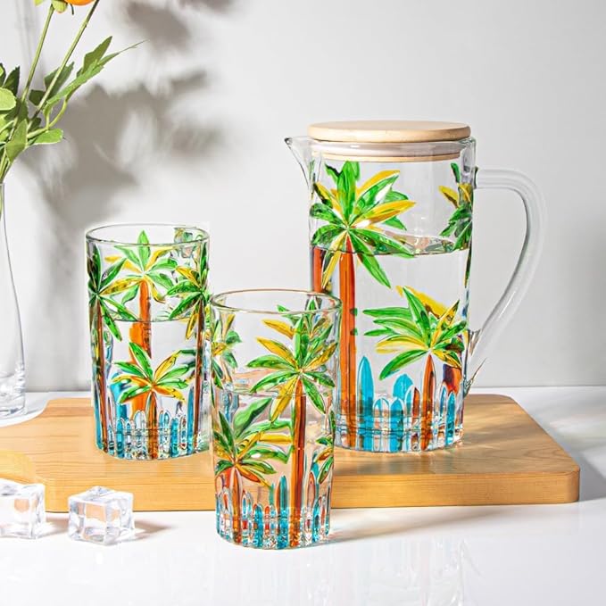 Tropical Summer Drinking Glasses 4 Tall Coconut Tree Design Pool Party Caribbean Beach Theme Colorful Tiki Bar Margarita Mix Drink Mojito Martini Pool Party Cup Palm Trees Engraved Whiskey Sour Glass