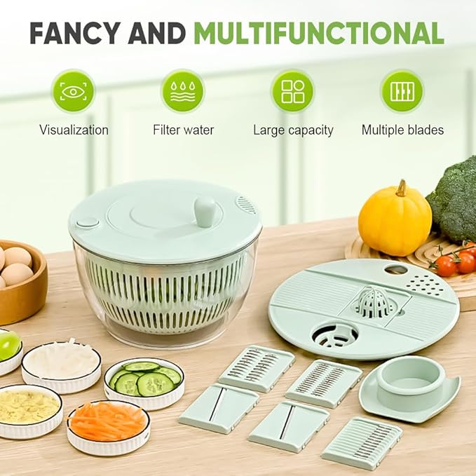Salad Spinner with Slicer, Multifunctional Vegetable Spinner and Chopper, Large Capacity Salad Preparation Tool, Multi-blade Efficient Vegetable Washer for Home Kitchen (White)