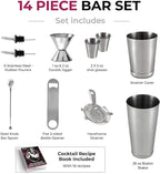 Cocktail Shakers Set, 14 Piece Stainless Steel Bar Tools Kit with Shaking Tins, Flat Bottle Opener, Double Bar Jigger, Hawthorne Strainer, Shot Glasses, Bar Spoon, and 6 Pour Spouts.