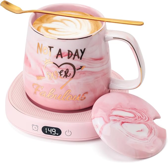 Coffee Mug Warmer & Not A Day Mug Set, Coffee Cup Warmer for Desk, 4 Temperature Setting, Smart Electric Beverage Warmer for Coffee, Tea, 8-Hours Auto Shut Off