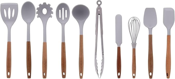 10-Piece Silicone Kitchen Utensils Set with Acacia Wood Handles, Nonstick Safe, Heat Resistant Cooking Tools for Everyday Use (Gray)