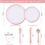 WELLIFE 300 PCS Rose Gold Dinnerware Set for 50 Guests, Valentine's Day Plate, 50 Dinner & Salad Plates,Cups, Forks Knives Spoons for Wedding Reception and Mothers Day Plates