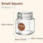 ComSaf 3-Pack Square Glass Coffee Canisters for 1lb Bean Bags, 34oz Airtight Jars with Clamp Lids for Tea, Sugar & Flour, Space-Saving Pantry Organization for Small Apartments & Coffee Station